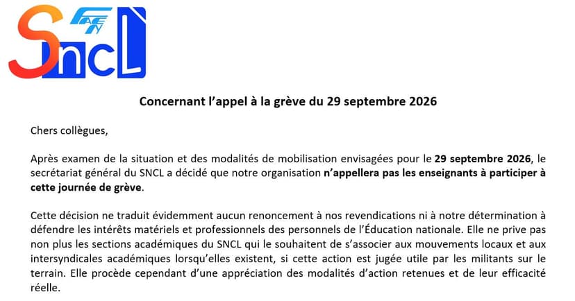 Pourquoi le SNCL n&rsquo;appelle pas à la grève du 29 septembre 2026